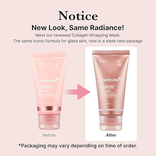 Medicube Collagen Overnight Wrapping Peel-Off Facial Mask in a tube, designed for deep skin hydration and rejuvenation.