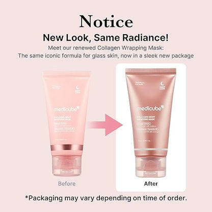 Medicube Collagen Overnight Wrapping Peel-Off Facial Mask in a tube, designed for deep skin hydration and rejuvenation.