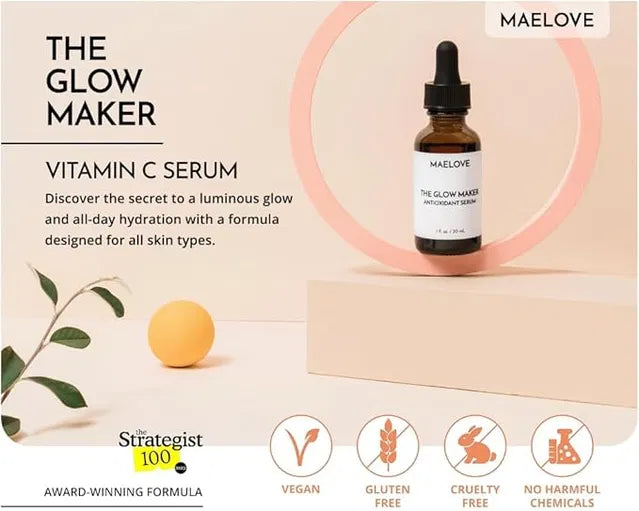 Maelove Hydrating Facial Serum with Vitamins C, E, ferulic acid, and hyaluronic acid in an ice cube mold tray for skincare use.