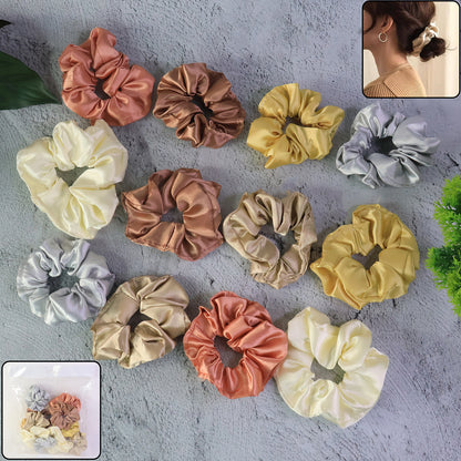 Set of 12 Wukusy satin hair scrunchies and elastic hair ties for women and girls, shown on a white background.