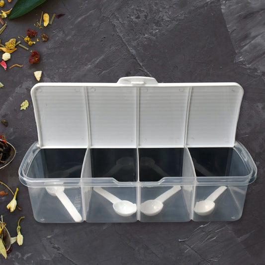 Wukusy 8263 kitchen multipurpose air-tight four-section storage container with colorful sections and four spoons for spices, pickles, or masala.