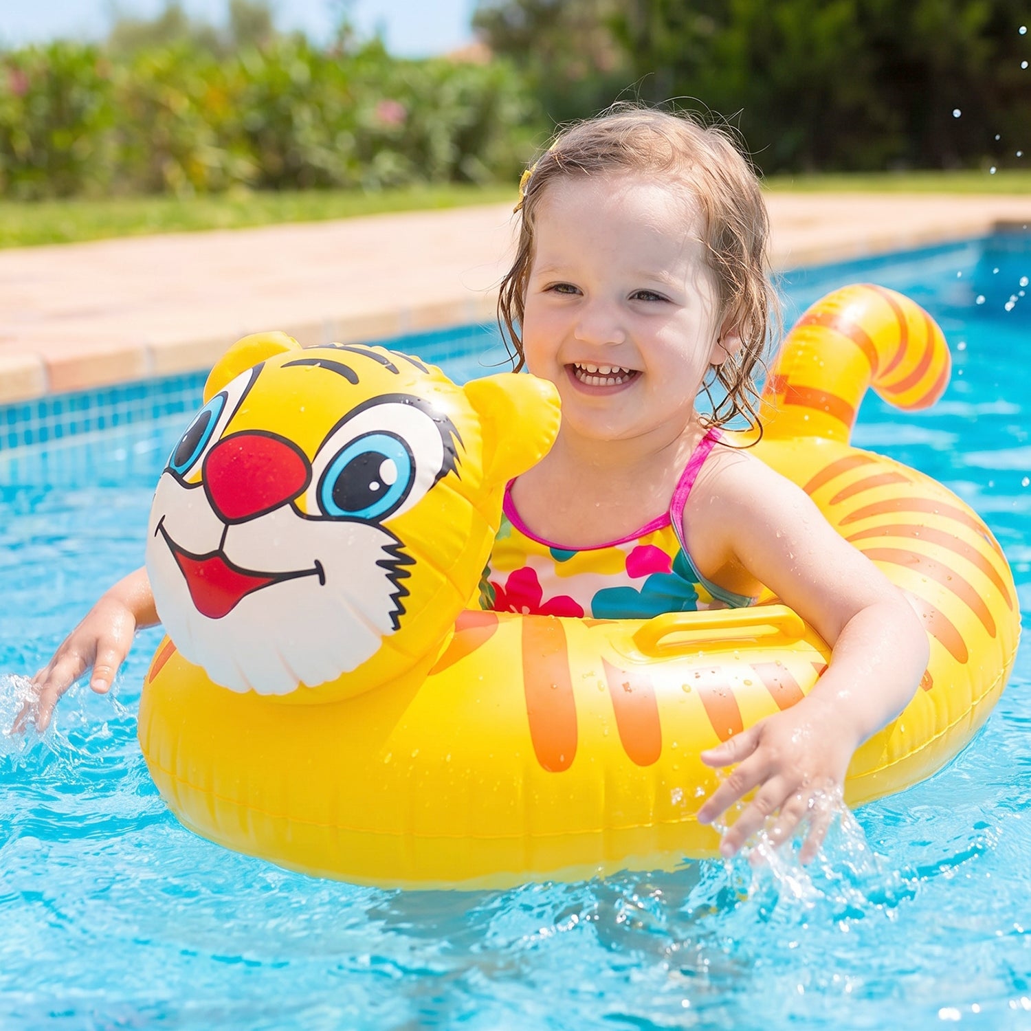 Inflatable kids swimming ring by Wukusy featuring colorful cartoon animal design, suitable for swimming and water play.