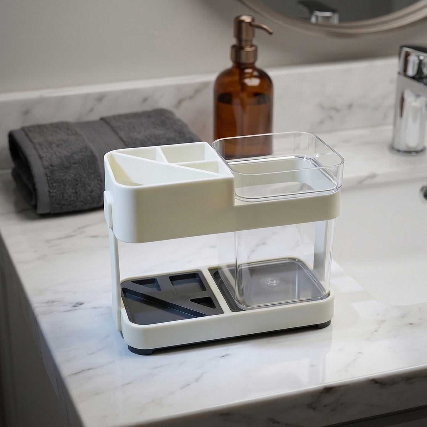 Wukusy multipurpose toothbrush and toothpaste stand holder set with slots for toothbrushes and space for toothpaste tube.