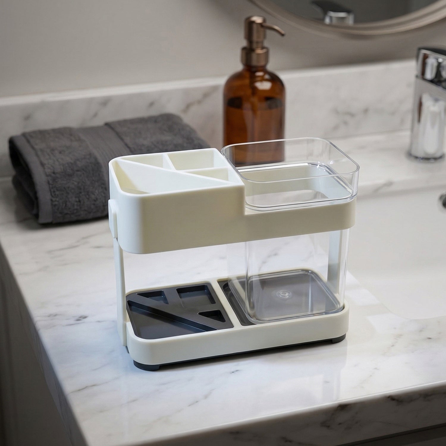 Wukusy multipurpose toothbrush and toothpaste stand holder set with slots for toothbrushes and space for toothpaste tube.