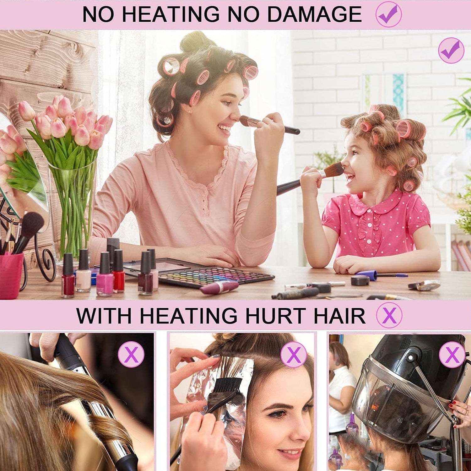 Wukusy premium self-grip hair rollers set of 6, showing various sizes and a close-up of textured foam rollers with clips.