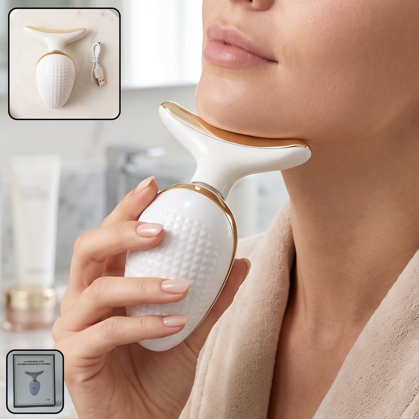 Wukusy electric neck and face massager device for lifting and firming skin, shown in close-up with sleek design and control buttons.
