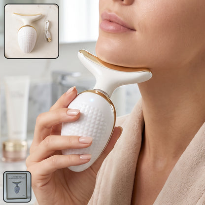 Wukusy electric neck and face massager device for lifting and firming skin, shown in close-up with sleek design and control buttons.