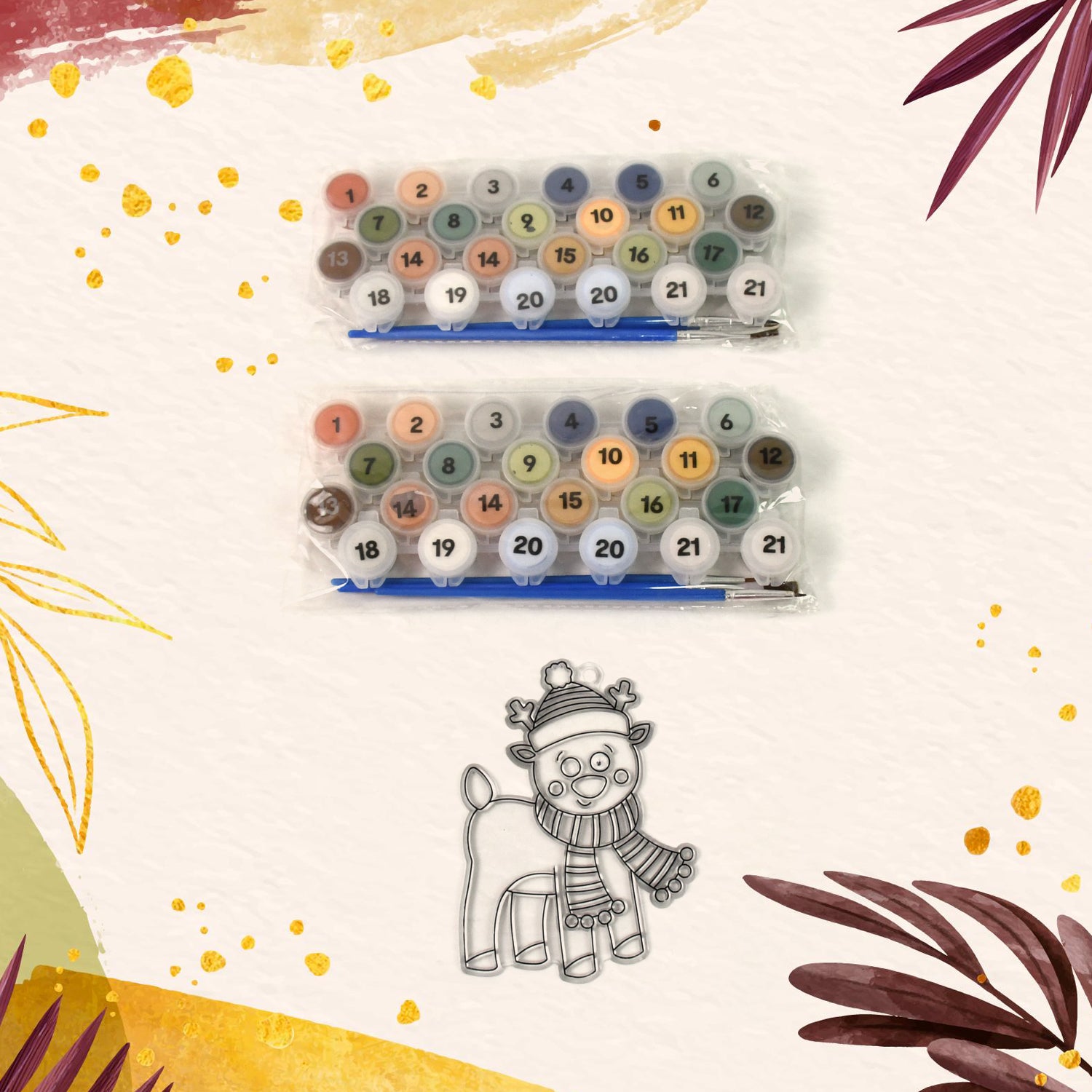 Wukusy Paint By Number Kits, 2-set with 21 numbered colors and 6 paint brushes, featuring colorful artwork in progress.