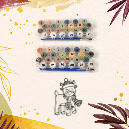 Wukusy Paint By Number Kits, 2-set with 21 numbered colors and 6 paint brushes, featuring colorful artwork in progress.