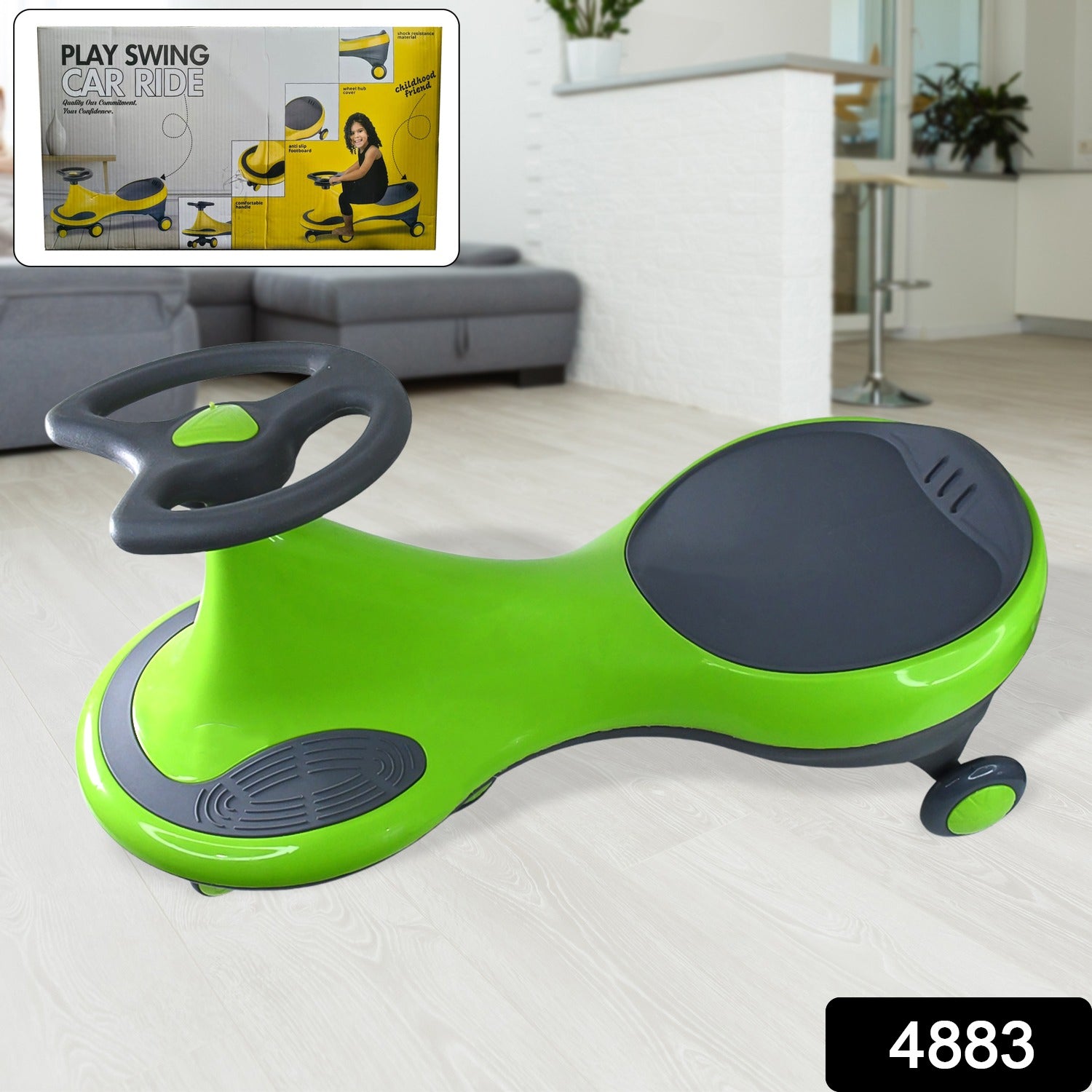 Colorful Wukusy kids play swing car ride-on toy with a sturdy plastic body and steering wheel, designed for young children to enjoy active play.