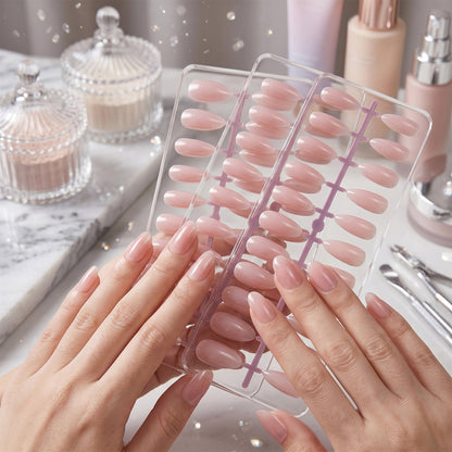 Set of artificial nail tips with elegant French manicure design, perfect for at-home nail art by Wukusy.
