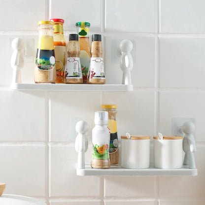 Wukusy 9271b self-adhesive floating wall shelves with a human figurine design in brown, mounted as a stylish home organizer.