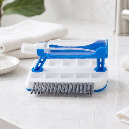 Wukusy 3-in-1 multi-purpose cleaning brush with soap dispenser, sponge, and scrubber for kitchen and bathroom cleaning tasks.
