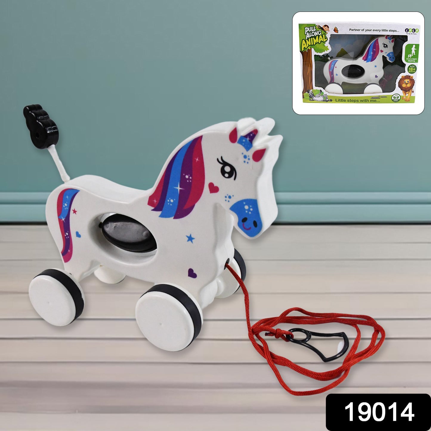 Wukusy pull along unicorn toy for babies with a string and colorful details, designed for early developmental play.