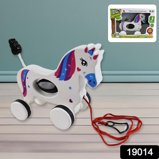 Wukusy pull along unicorn toy for babies with a string and colorful details, designed for early developmental play.