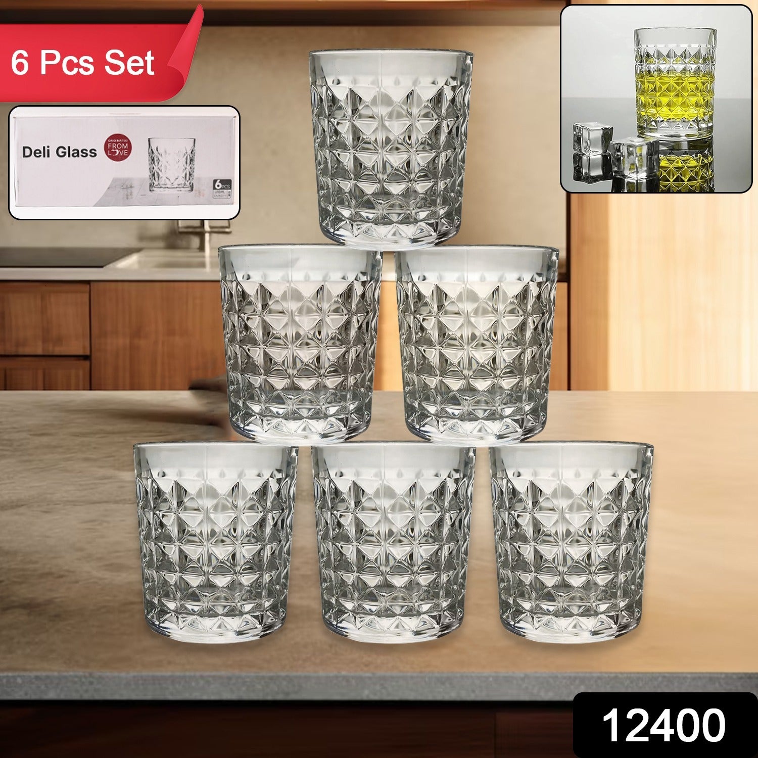 Six Wukusy premium crystal-style glass tumblers, 210 ml each, arranged on a table, showcasing clear, elegant drinkware.