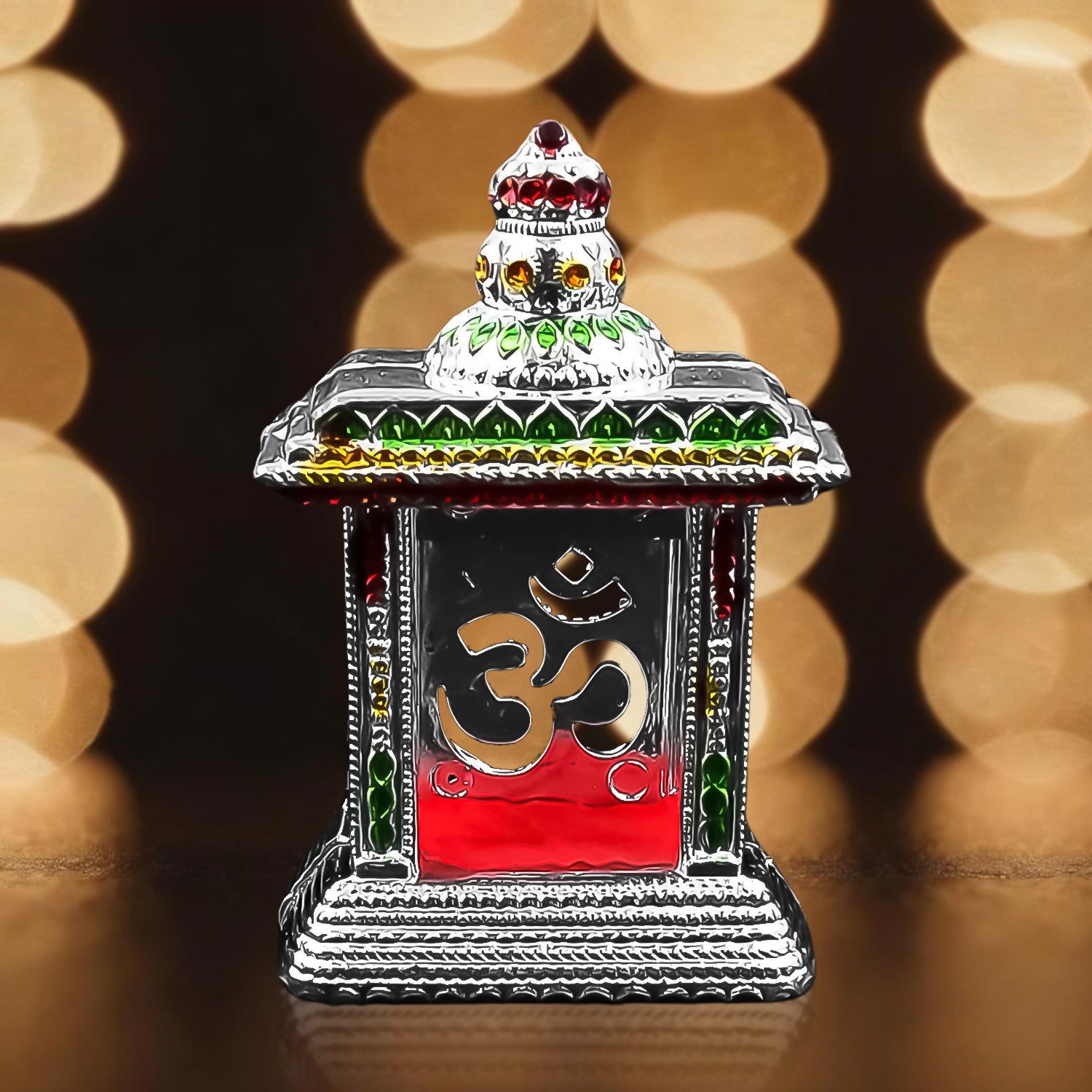 Small adhesive Om temple for car dashboard, Wukusy home improvement accessory, visible with religious symbol and mounting adhesive.