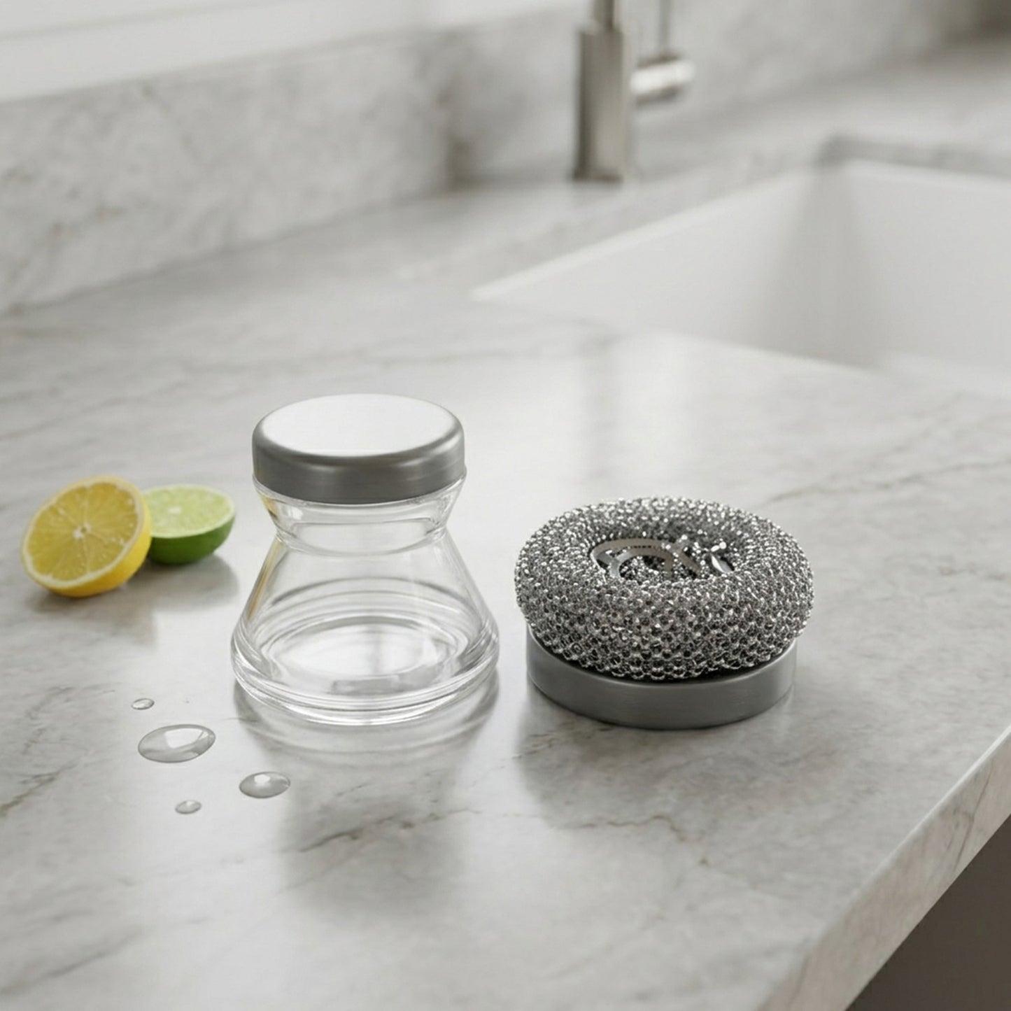 Wukusy liquid dispensing dish cleaning brush with handle and bristles for efficient dishwashing, shown in close-up.