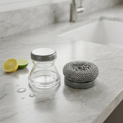 Wukusy liquid dispensing dish cleaning brush with handle and bristles for efficient dishwashing, shown in close-up.