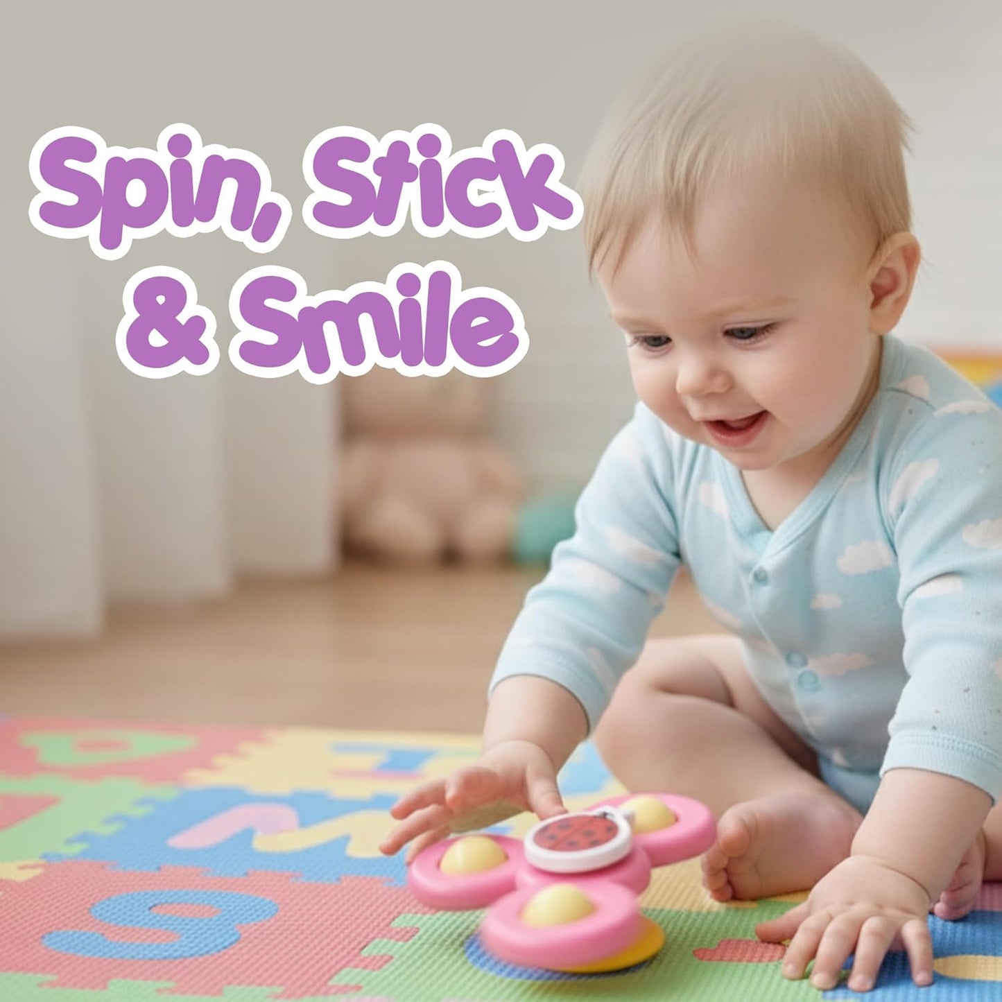 Wukusy Colour Baby Spinner Toy Set with three sensory spin toys attached to suction cups for infants' sensory play