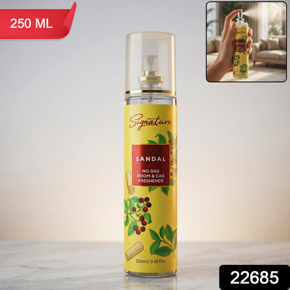 Wukusy Signature Sandal Room Car Freshener Spray 250ml bottle with sandalwood scent and spray nozzle, freshening car interiors.