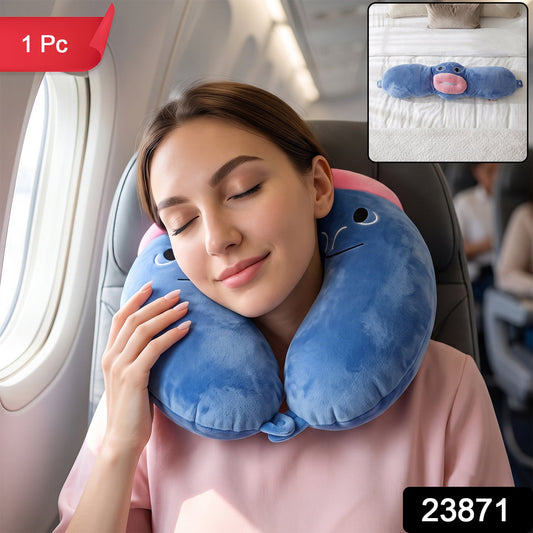 Blue U-shaped neck pillow by Wukusy featuring a cute character design, soft and supportive for travel comfort.