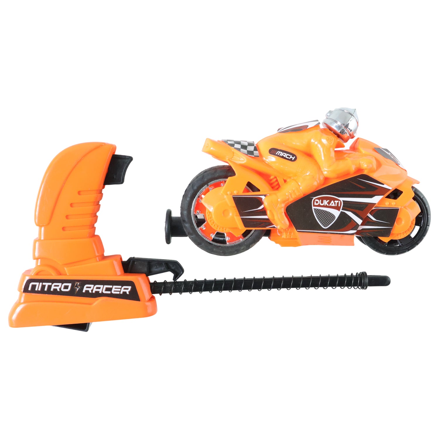 Wukusy launcher bike racing toy for kids with manual pull launcher, colorful plastic bike with racing design and adjustable launch mechanism.