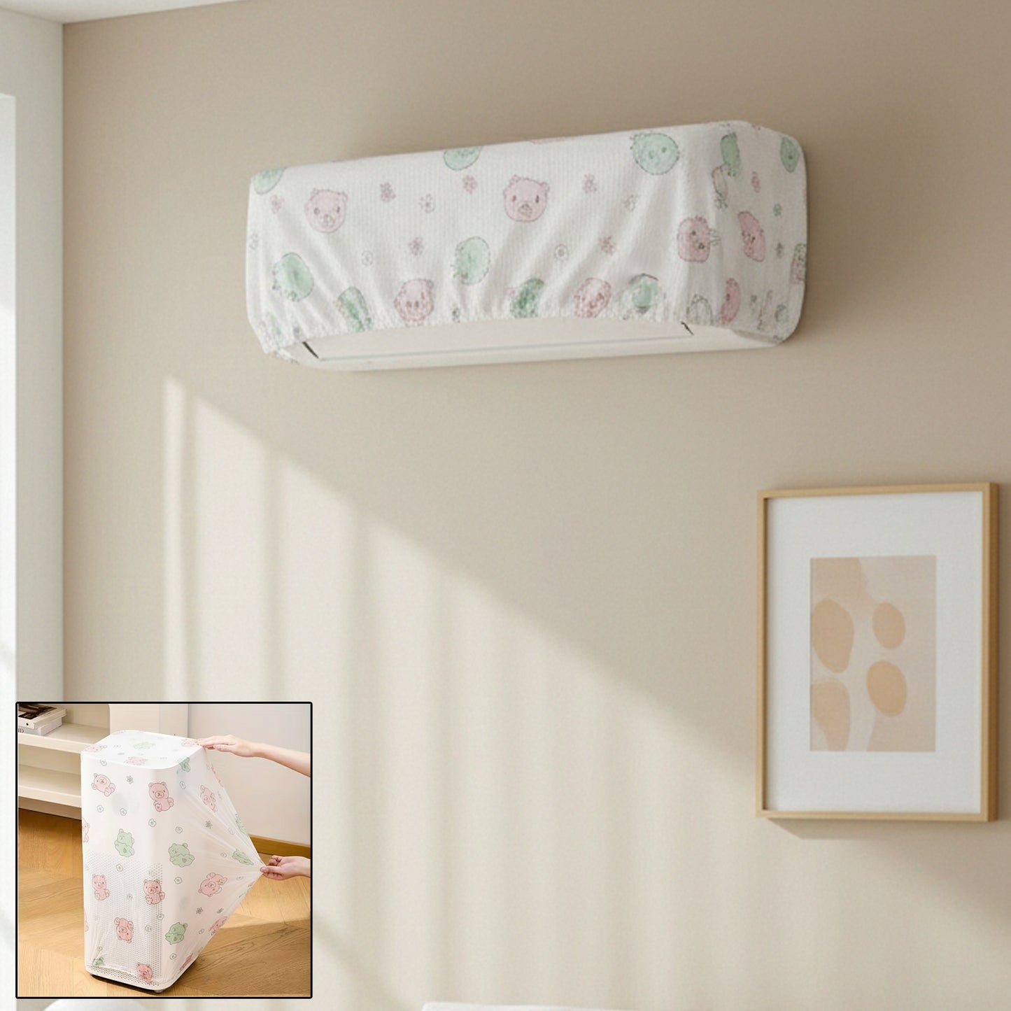 Wukusy B-grade reusable split air conditioner dust protection cover draped over unit, protecting against dust and debris.