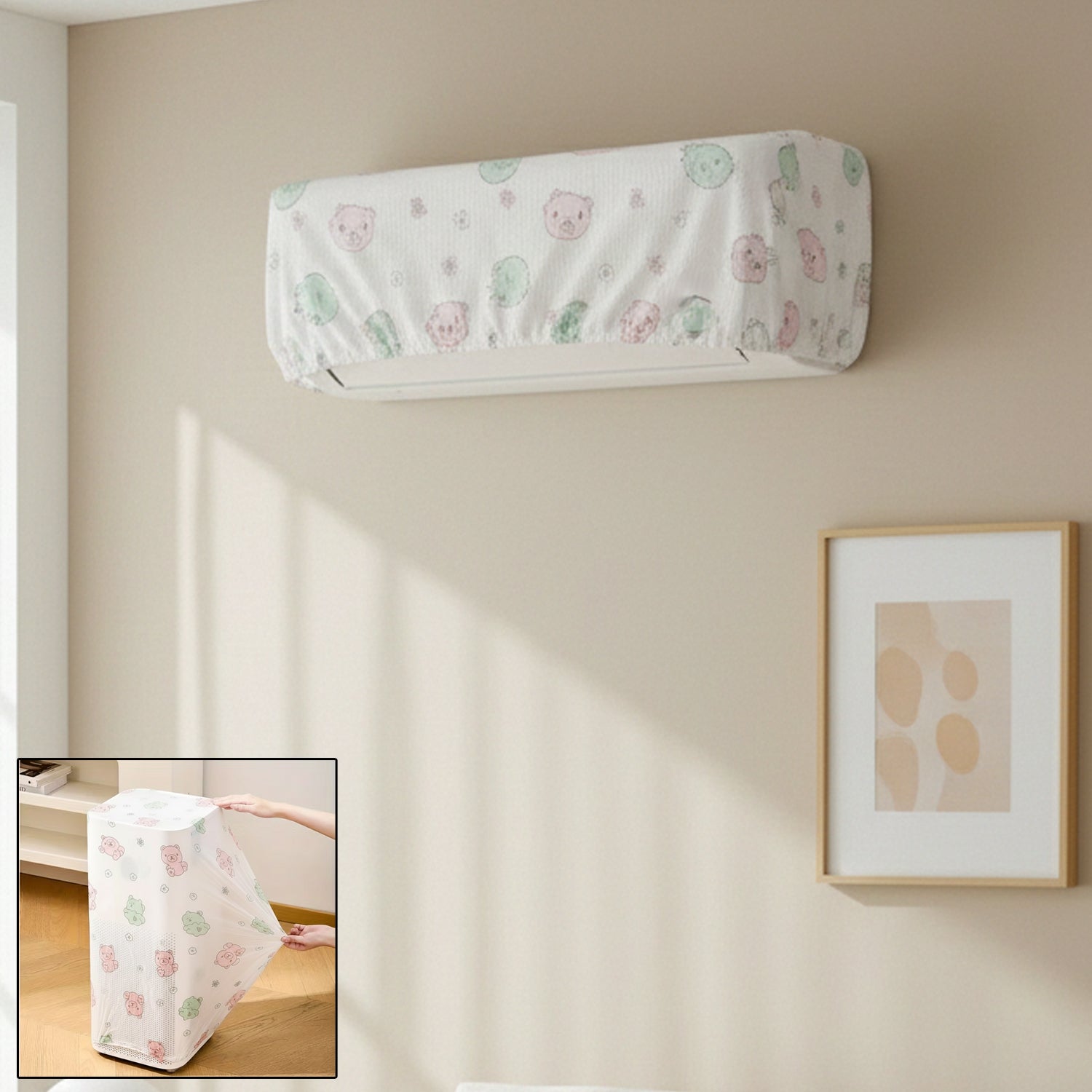 Wukusy B-grade reusable split air conditioner dust protection cover draped over unit, protecting against dust and debris.