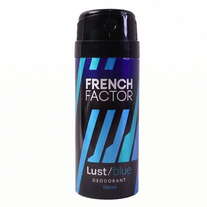 Wukusy French Factor Lust Blue deodorant body spray in 150ml bottle, featuring a sleek blue design and refreshing scent.