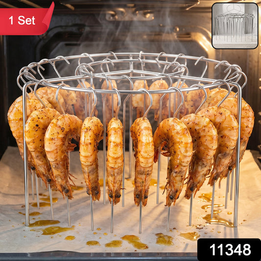 Stainless steel air fryer skewer stand with kebab rack holder for barbecue, featuring multiple skewers for grilling kebabs.
