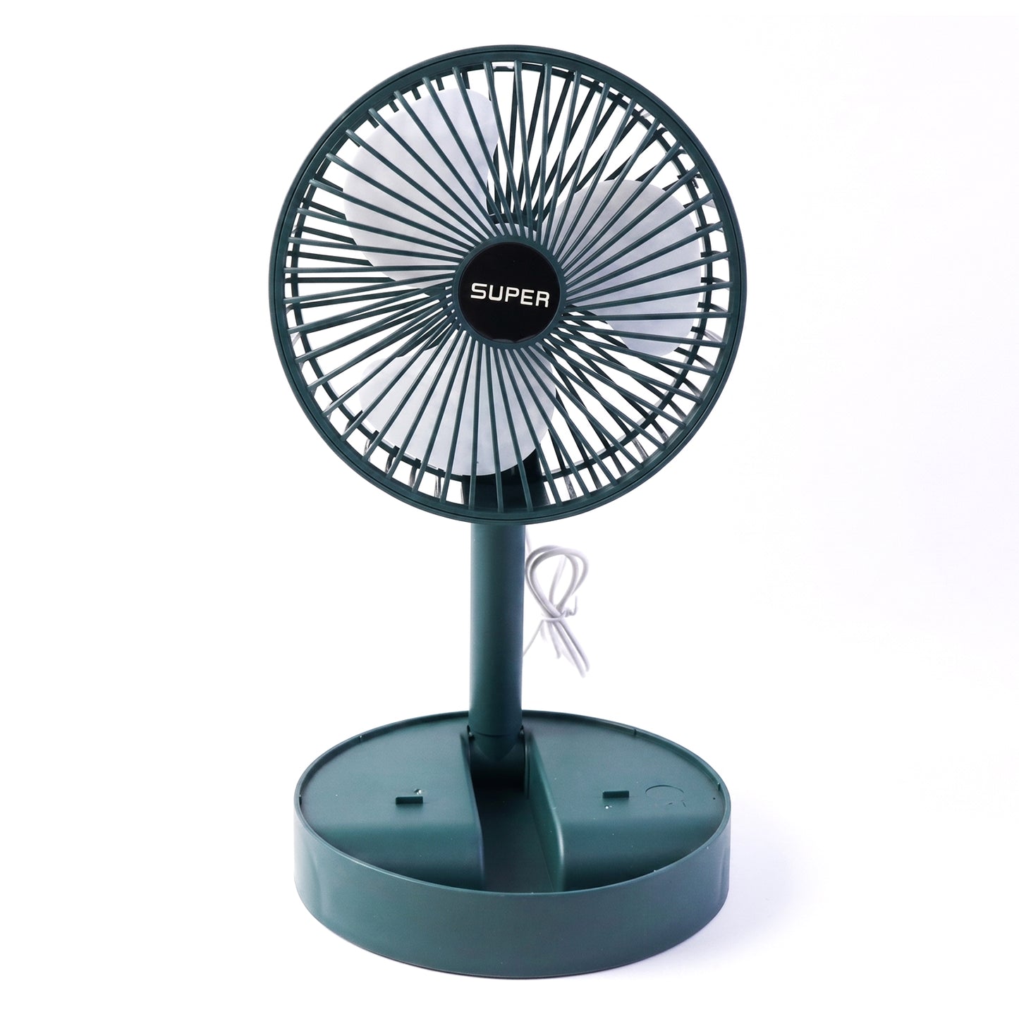 Wukusy USB portable desk fan with adjustable stand for office, black compact cooling fan on a desk surface.