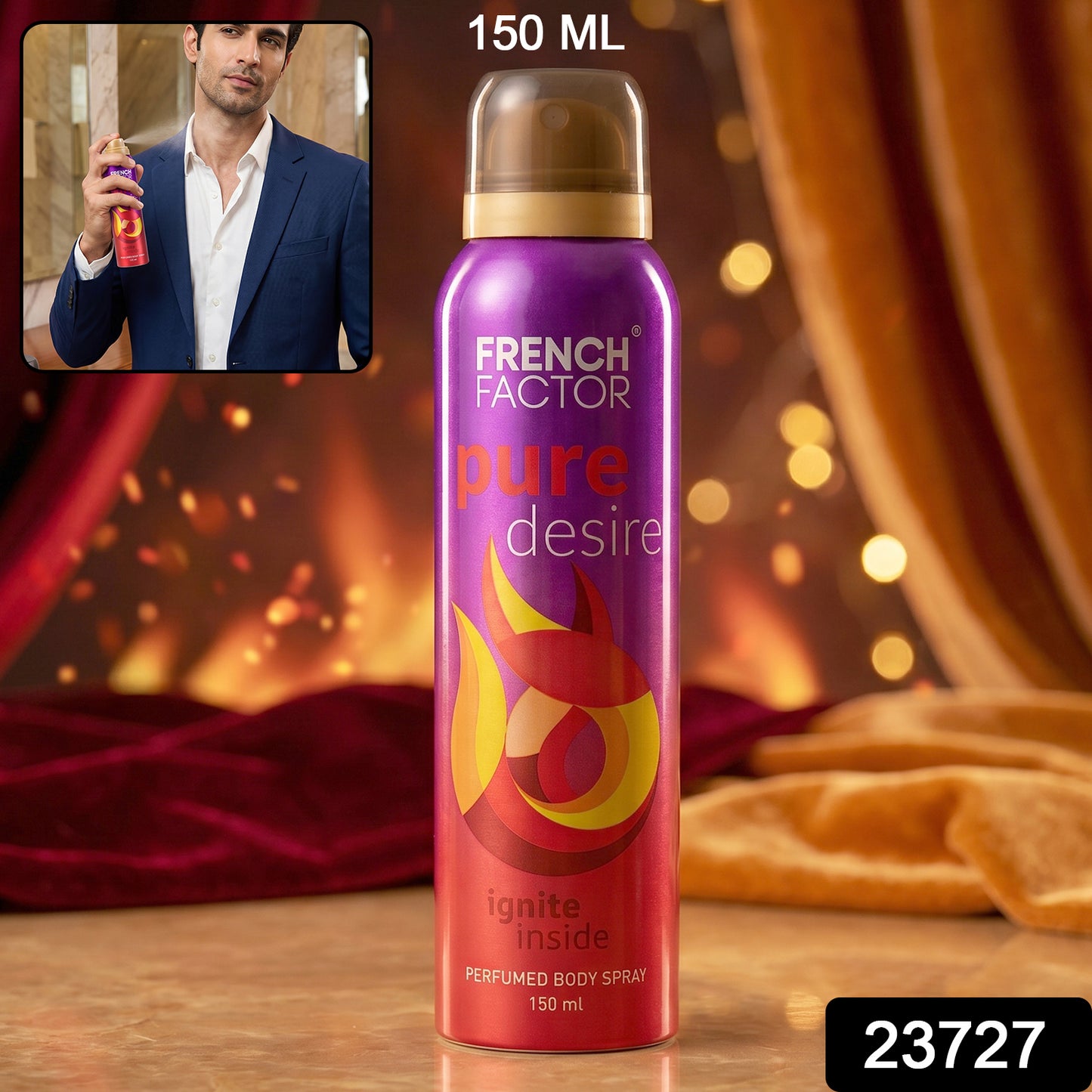 Wukusy French Factor Pure Desire perfumed body spray bottle, 150ml, with elegant design and floral scent details visible.