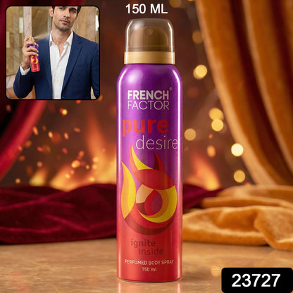 Wukusy French Factor Pure Desire perfumed body spray bottle, 150ml, with elegant design and floral scent details visible.