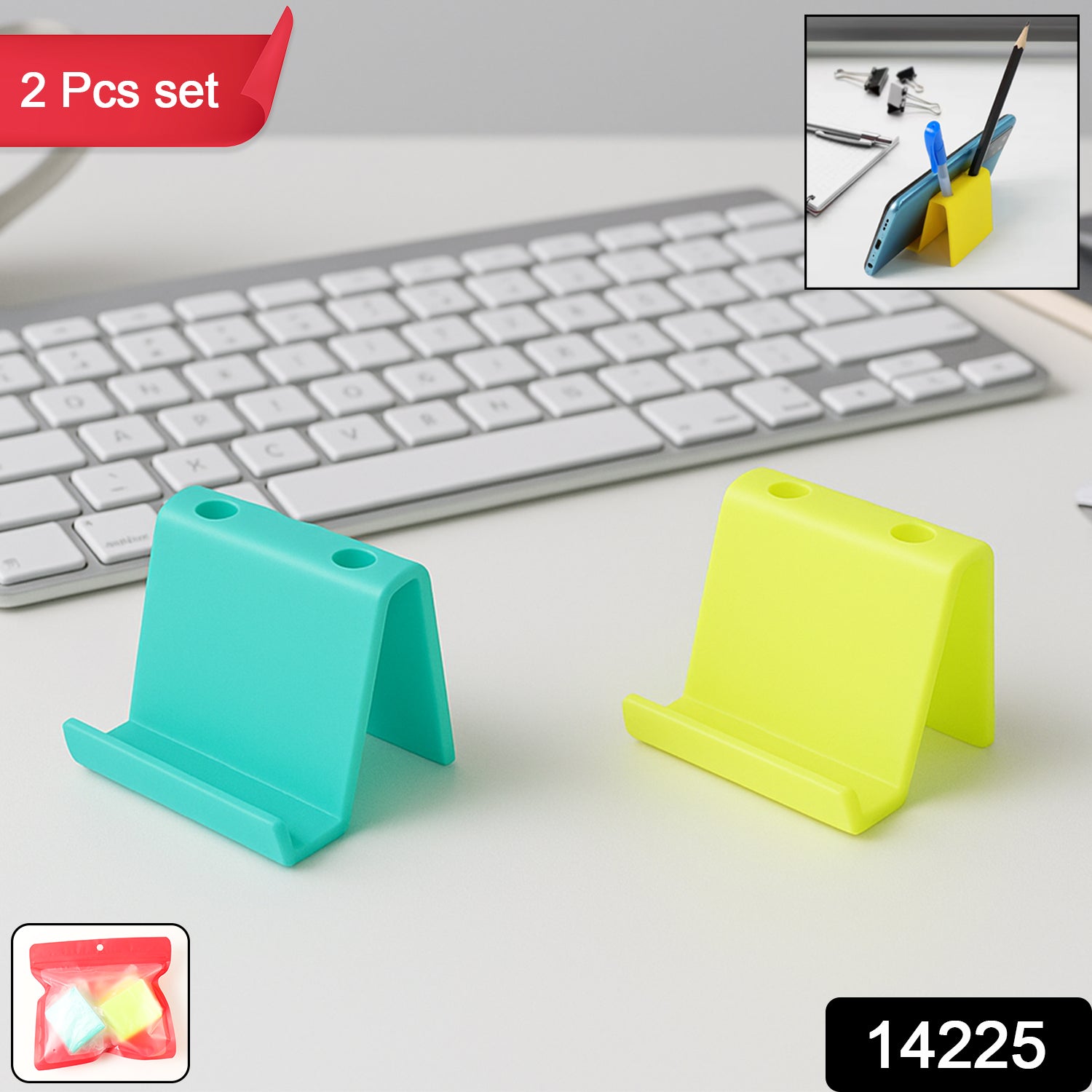 Set of two Wukusy multifunctional plastic mobile phone stands and pen holders in mixed colors, ideal for desk organization.