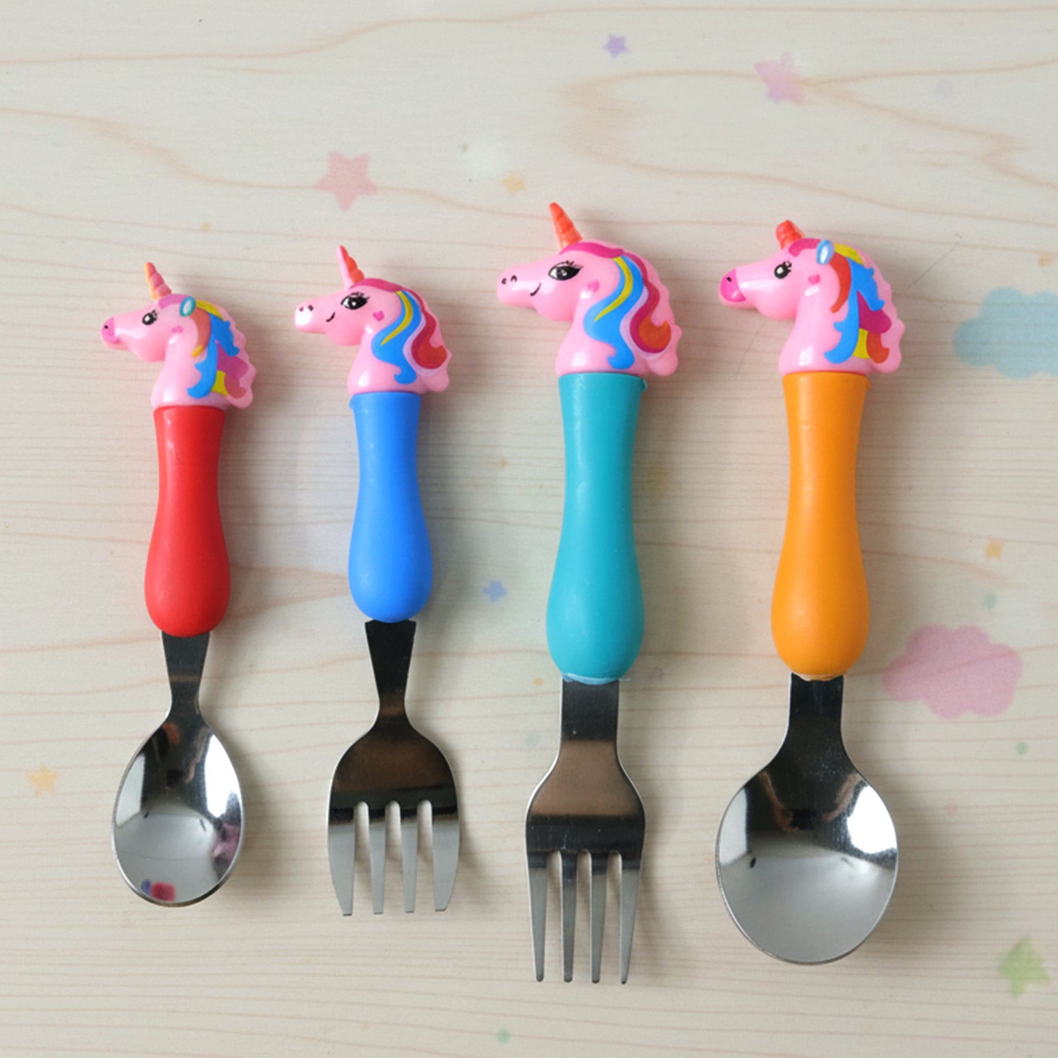 Wukusy unicorn theme kids spoon and fork set with plastic handles, 4-piece colorful utensil set for children