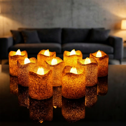 Set of 9 Wukusy Christmas glitter LED tealight candles, decorative home decor with shimmering holiday accents.