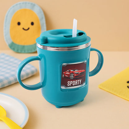 Kids sporty sipper mug with straw, dual handles, 300ml capacity, by Wukusy, shown with colorful design and easy-grip handles.