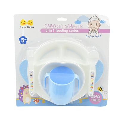 Wukusy 5-in-1 baby feeding set with cartoon design plates, cups, spoons, and forks for kids and toddlers, microwave and dishwasher safe.