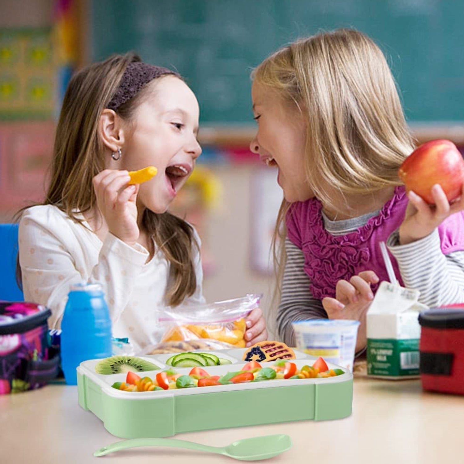 Wukusy 5212 lunch box with four compartments and leak-proof design for school or office use, made of durable plastic.