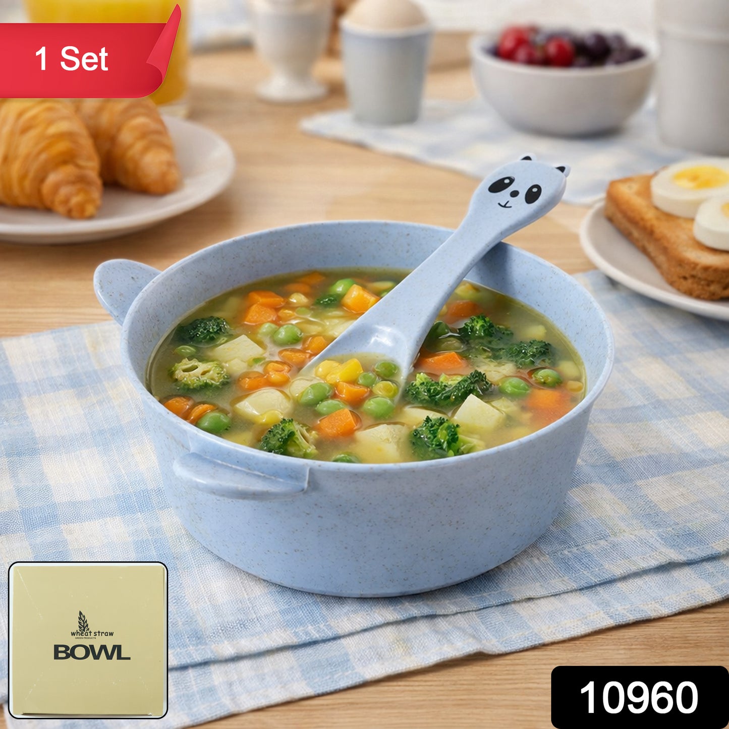 Wukusy wheat straw kids soup bowl with matching spoon, 240ml, eco-friendly children's dishware set on a table.