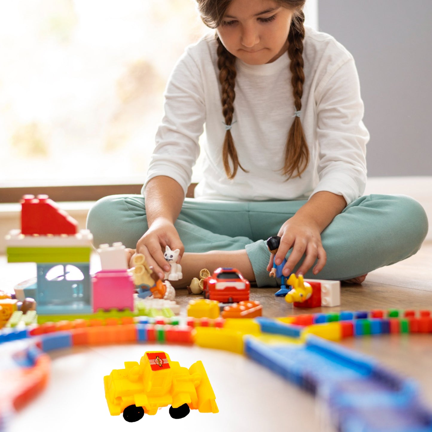 Wukusy 6-piece toy construction vehicles set including crane, excavator, road roller, forklift, mixer truck, and transporter for kids