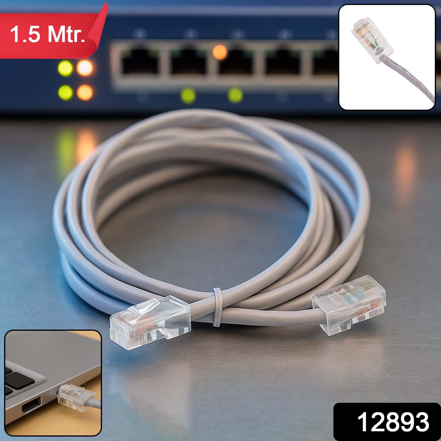 Wukusy high-speed 1.5 meter Ethernet LAN cable for office use, with gold-plated connectors and durable black rubber jacket.
