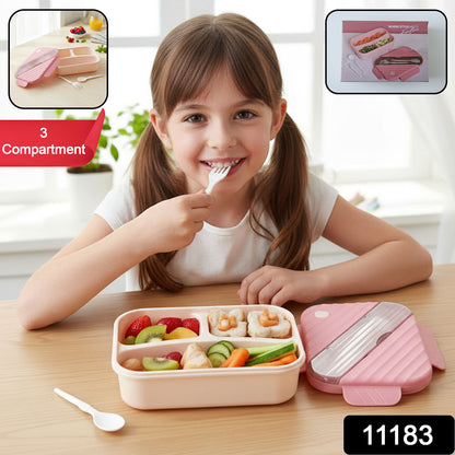Plastic 3-compartment kids' lunch box by Wukusy with colorful sections for snacks and meals, designed for children.