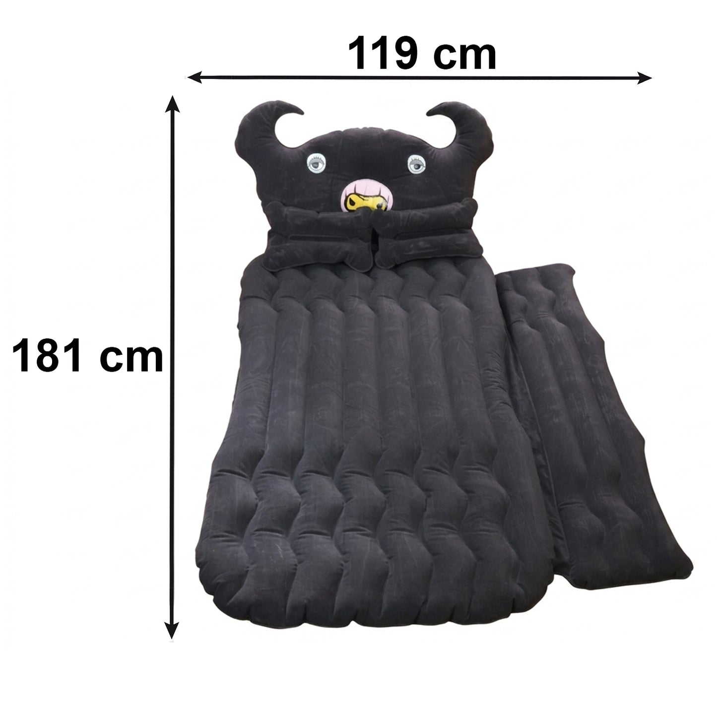 Wukusy car air mattress with black monster pillow and cushions for kids and adults, laid out in a vehicle interior.