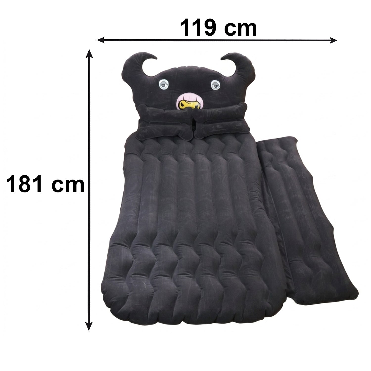 Wukusy car air mattress with black monster pillow and cushions for kids and adults, laid out in a vehicle interior.