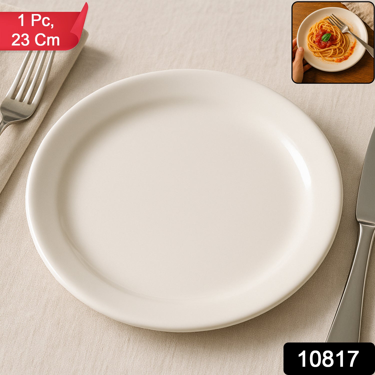 Wukusy plastic round dinner serving plate, 23 cm, showing a sleek white design ideal for kitchen and dining use