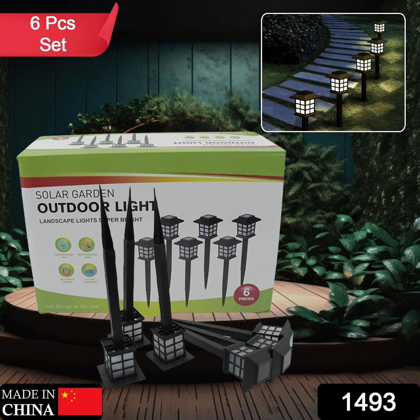 Wukusy 1493 Big Solar Outdoor Lights 6-pack waterproof solar pathway lights illuminating garden walkways and driveways at dusk