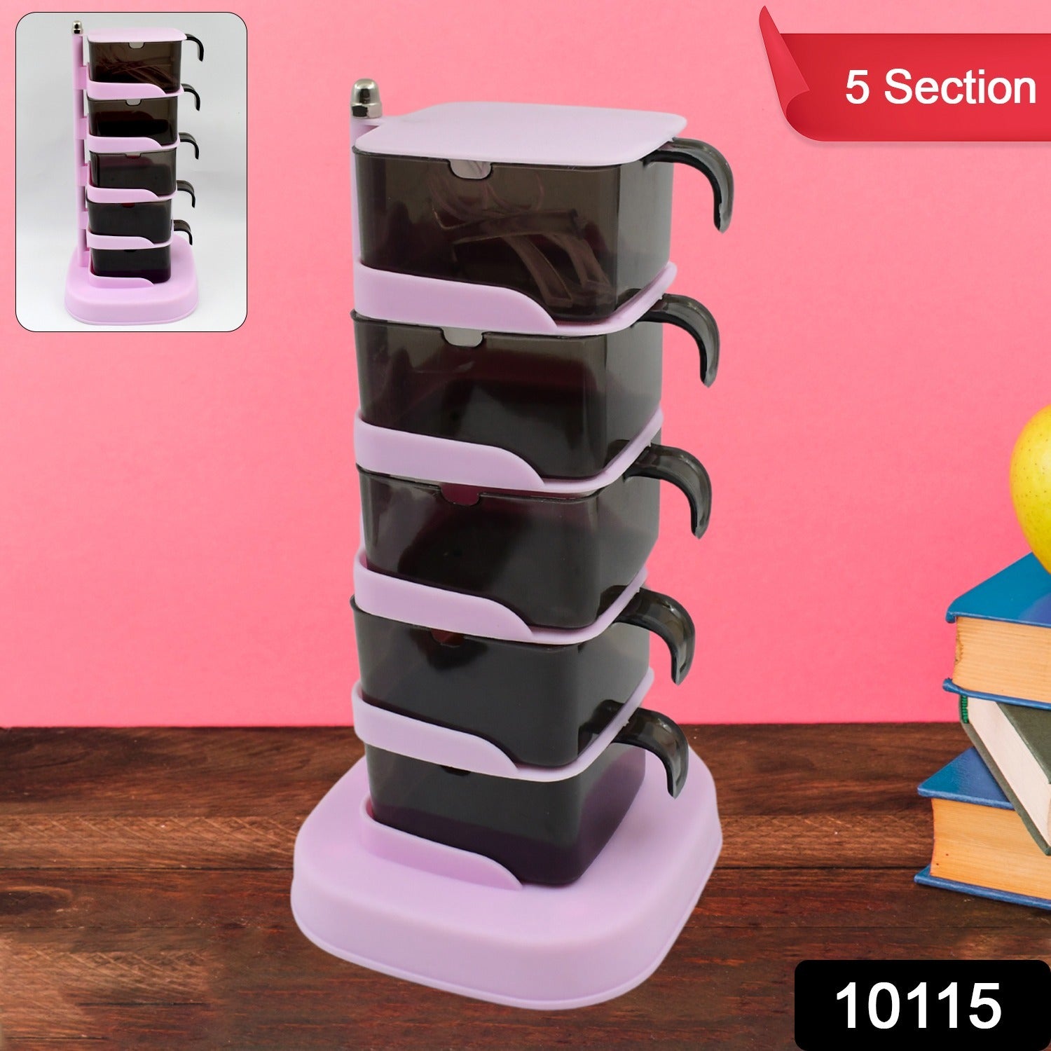Wukusy rotating spice jars set with five tiered sections, each with a spoon, for organized seasoning storage.