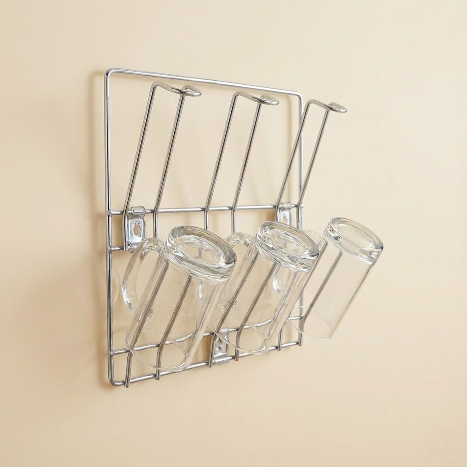 Wall-mounted stainless steel cup and mug holder rack by Wukusy, measures 25x25 cm, with five hooks for kitchen organization.